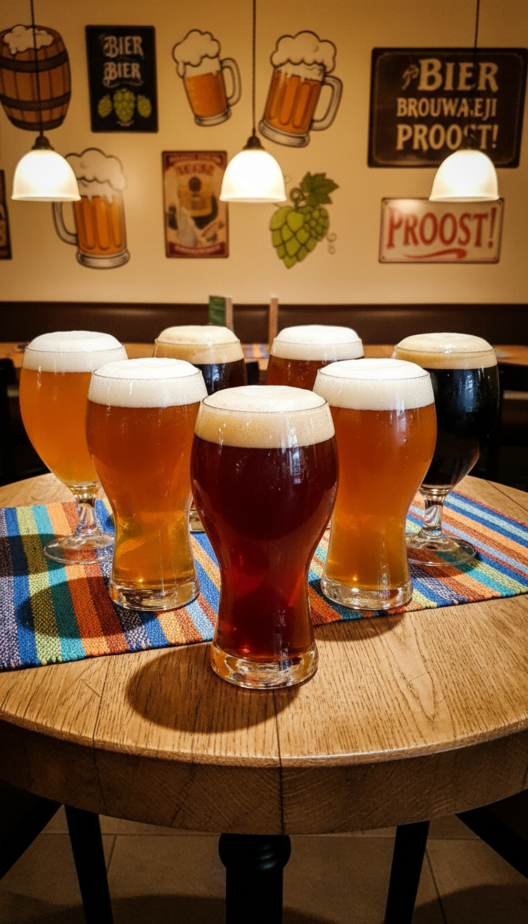A selection of artisanal beer glasses, each filled with rich amber, golden, and dark brown ales, rest atop a rustic wooden table with rounded corners and a cheerful colorful table runner. The environment is a cozy, warmly-lit café interior decorated with playful beer-related artwork and vintage bar signage. Soft, diffused pendant lighting bathes the scene, emphasizing the glistening droplets on the glasses and casting rounded, gentle shadows. The mood is robust, lively, and welcoming. Photographed from a slightly elevated angle with a vibrant color palette and energetic composition, this image embodies the bourgondische spirit of a beer walking tour in photographic realism.